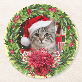 Tabby Christmas Wreath Coaster Ronde Kartonnen Onderzetter