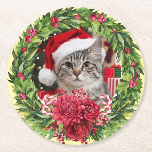 Tabby Christmas Wreath Coaster Ronde Kartonnen Onderzetter (Voorkant)