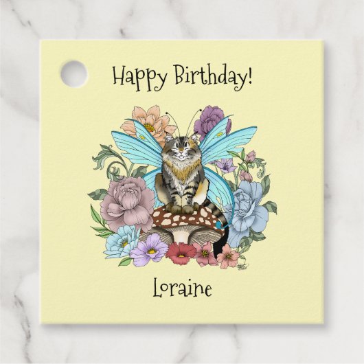 Tabby Fairy Kat Paddestoel Bloemen Bedankjes Labels (Voorkant)