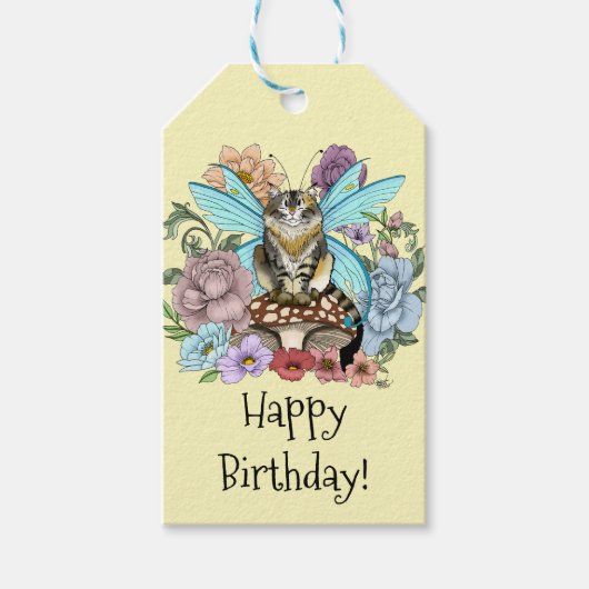 Tabby Fairy Kat Paddestoel Bloemen Cadeaulabel (Voorkant)