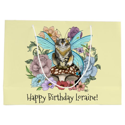 Tabby Fairy Kat Paddestoel Bloemen Groot Cadeauzakje (Achterkant)