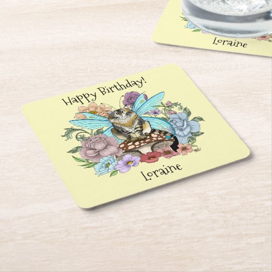 Tabby Fairy Kat Paddestoel Bloemen Kartonnen Onderzetters (Schuin)