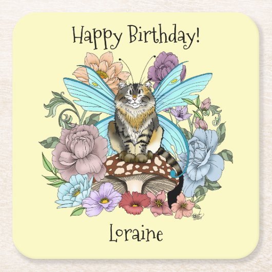 Tabby Fairy Kat Paddestoel Bloemen Kartonnen Onderzetters (Voorkant)