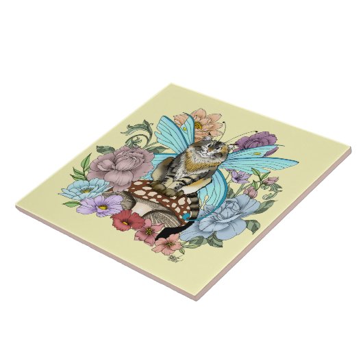 Tabby Fairy Kat Paddestoel Bloemen Tegeltje (Zijkant)