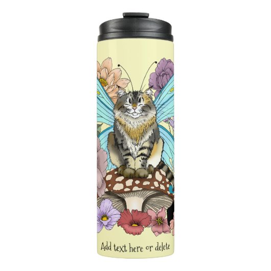 Tabby Fairy Kat Paddestoel Bloemen Thermosbeker (Voorkant)