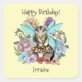 Tabby Fairy Kat Paddestoel Bloemen Vierkante Sticker (Voorkant)