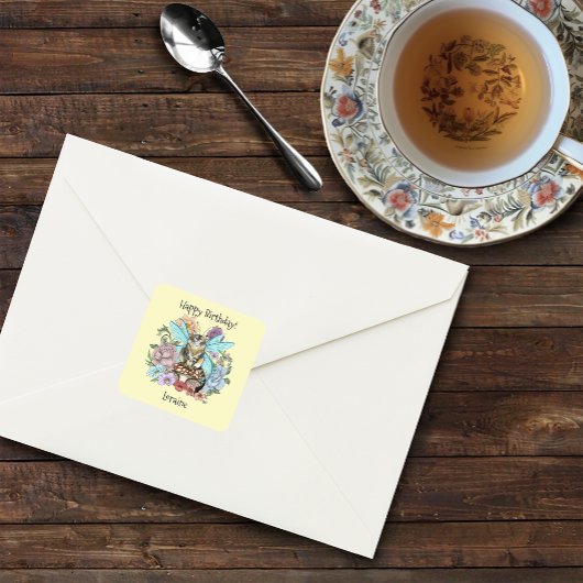 Tabby Fairy Kat Paddestoel Bloemen Vierkante Sticker