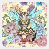 Tabby Fairy Kat Paddestoel Bloemen Vierkante Sticker (Voorkant)