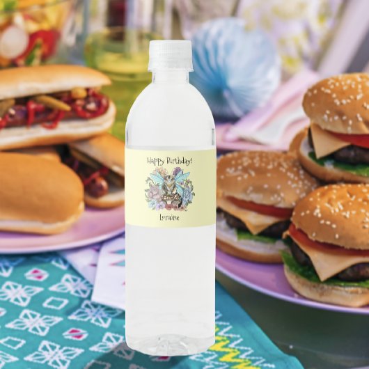 Tabby Fairy kat Paddestoel Floral Waterfles Etiket