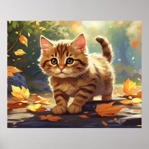 *~* Tabby Fall Leaves Kitten 5:4 Kitty Cat AP68 Poster