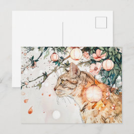 Tabby Geisha kat tussen gloeiende lantaarns in het Briefkaart