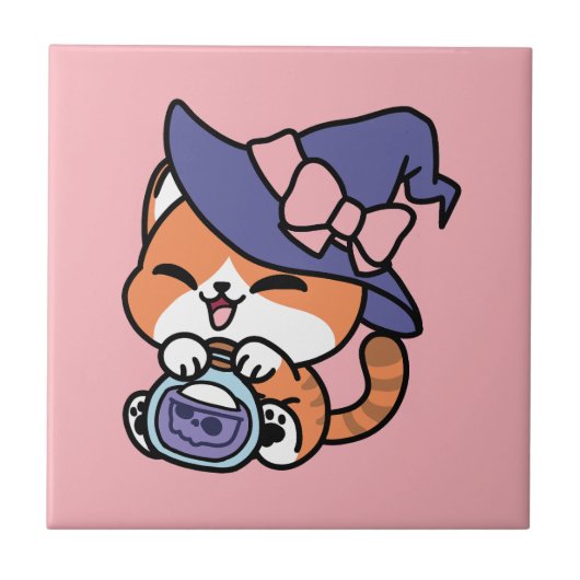 Tabby Heksenbrouwsel – Cute Halloween Kattendesign Tegeltje (Voorkant)