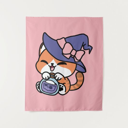 Tabby Heksenbrouwsel – Cute Halloween Kattendesign Wandkleed (Voorkant)