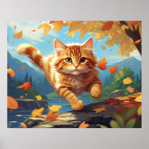 *~* Tabby Jump Fall Leaves Kitten 5:4 Cat AP68 Poster