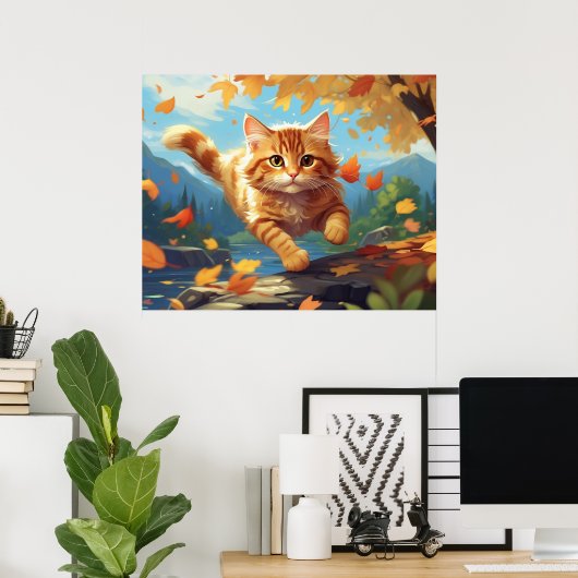 *~* Tabby Jump Fall Leaves Kitten 5:4 Cat AP68 Poster (Thuiskantoor)