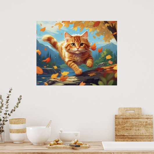 *~* Tabby Jump Fall Leaves Kitten 5:4 Cat AP68 Poster (Keuken)