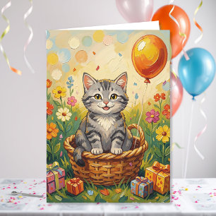 Tabby Kat & Bloemen Gelukkige Verjaardag Meisje Kaart
