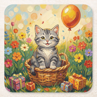 Tabby Kat & Bloemen | Gelukkige Verjaardag Meisje Kartonnen Onderzetters