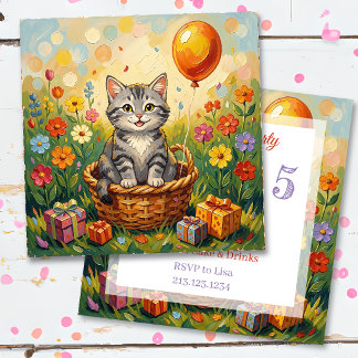 Tabby Kat & Bloemen | Meisjes Verjaardagsfeestje Kaart
