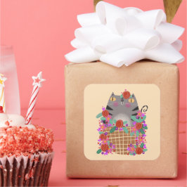 Tabby kat & bloemen vierkante sticker