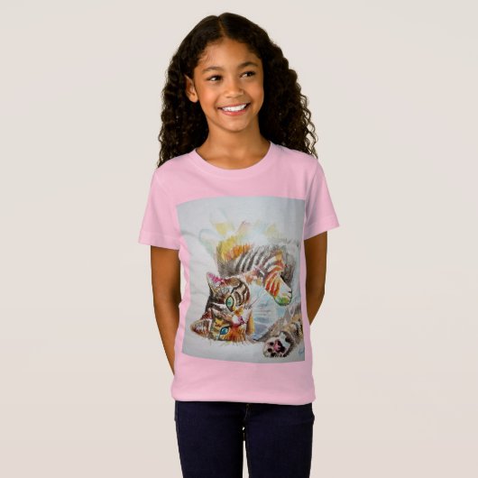 Tabby Kat Cat schattige waterverf roze Meisjes T S T-shirt (Voorkant volledig)