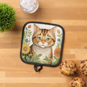 Tabby kat en bloemen pannenlap (Top down)