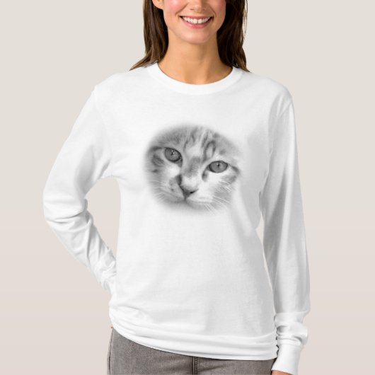 Tabby Kat Gezicht Zwart en Wit T-shirt (Voorkant)