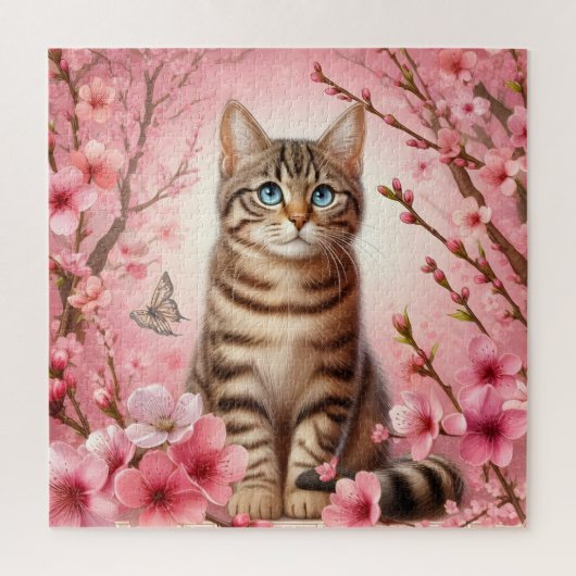 Tabby Kat Japanse Kersenbloesem Bloem Kitten Legpuzzel (Verticaal)