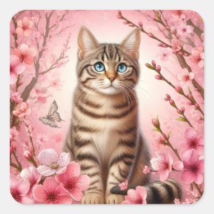 Tabby Kat Japanse Kersenbloesem Bloem Kitten Vierkante Sticker