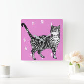 Tabby Kat Katten Kunst Dier Kinders Heet Roze Deco Vierkante Klok (Huis)