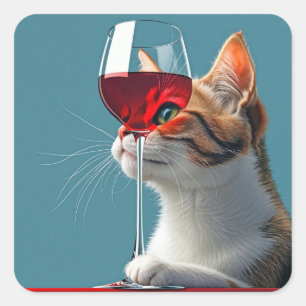 Tabby kat met glas rode wijn vierkante sticker