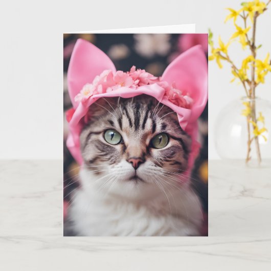 Tabby kat met roze oren Pet Kaart (Gele Bloem)