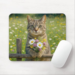 Tabby kat met wilde bloem boeket muismat