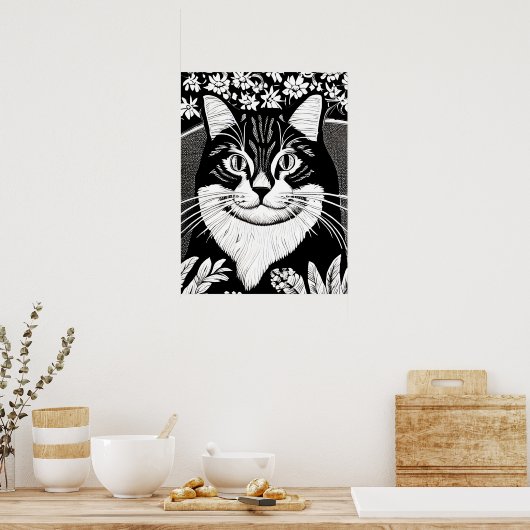 Tabby kat omringd met bloemen poster (Keuken)