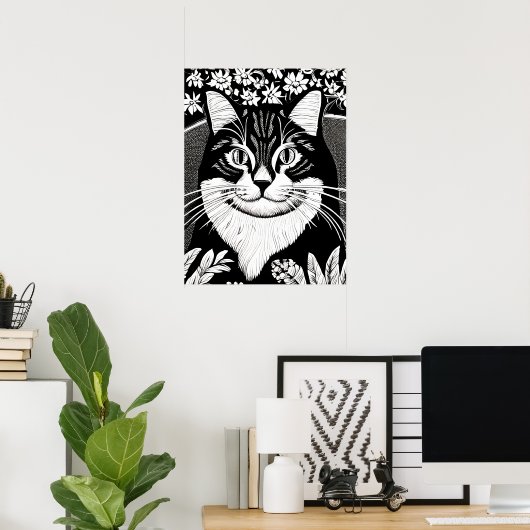 Tabby kat omringd met bloemen poster (Thuiskantoor)