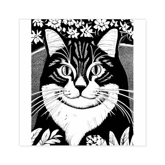 Tabby kat omringd met bloemen rubberstempel (Afrduk)