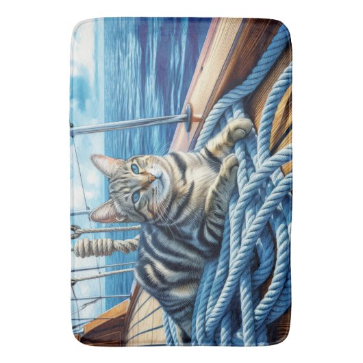 Tabby kat op bootkabels badmat (Voorkant Verticaal)
