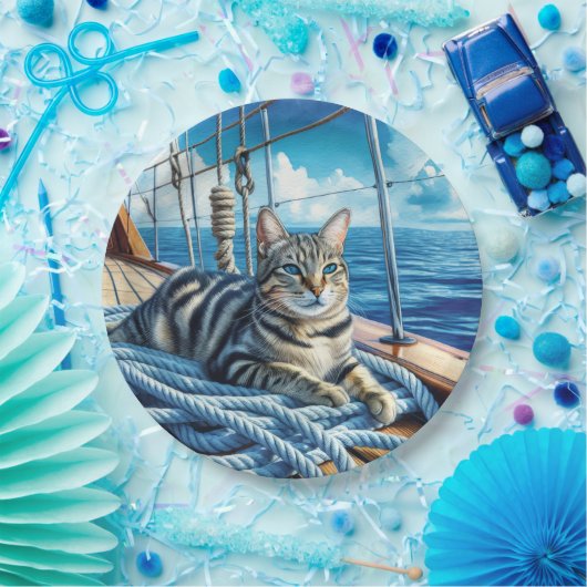Tabby kat op bootkabels papieren bordje (Feest)