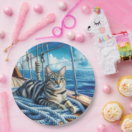 Tabby kat op bootkabels papieren bordje (Feest)