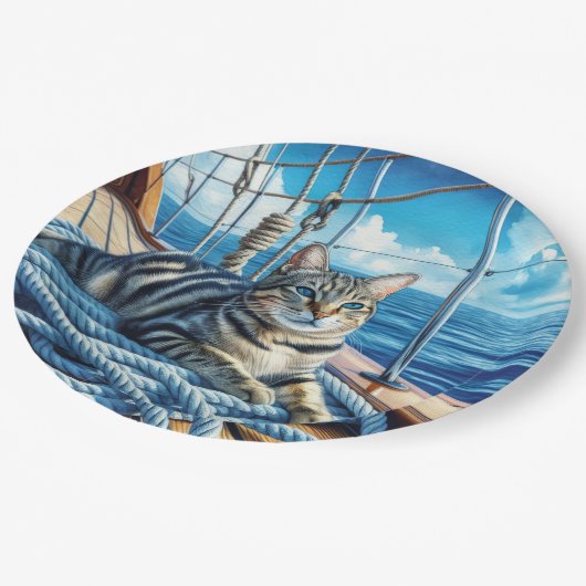 Tabby kat op bootkabels papieren bordje (Gekanteld)