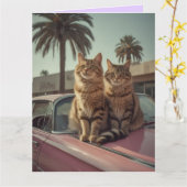 Tabby kat & roze klassieke auto VERJAARDAGS Groet Kaart (Gele Bloem)