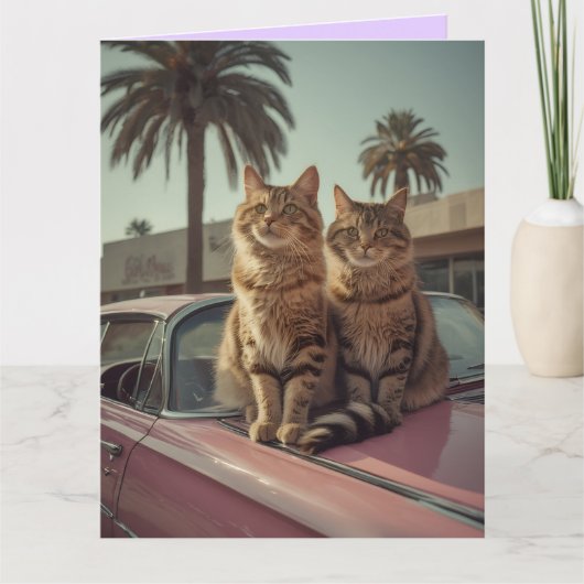 Tabby kat & roze klassieke auto VERJAARDAGS Groet Kaart (Voorkant)