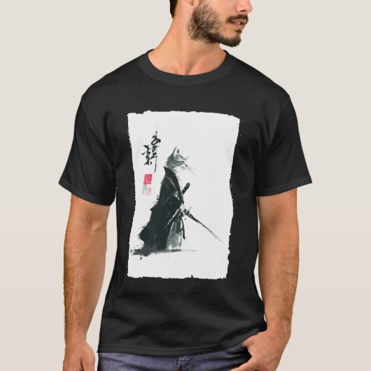 Tabby Kat Samurai Japanse Sumi-e Inkschildering Ro T-shirt (Voorkant)
