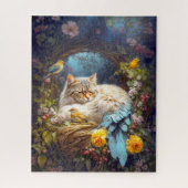 Tabby kat-vogel nestelen met drie vogels legpuzzel (Verticaal)