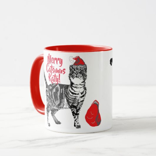 Tabby Kat Vrolijke Kattenmus Rode Kerstmok Mok (Voorkant links)