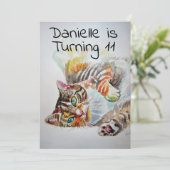 Tabby Kat Watercolour Meisjes Verjaardagsuitnodigi Kaart (Staand voorkant)