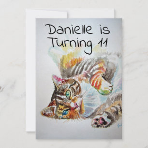 Tabby Kat Watercolour Meisjes Verjaardagsuitnodigi Kaart