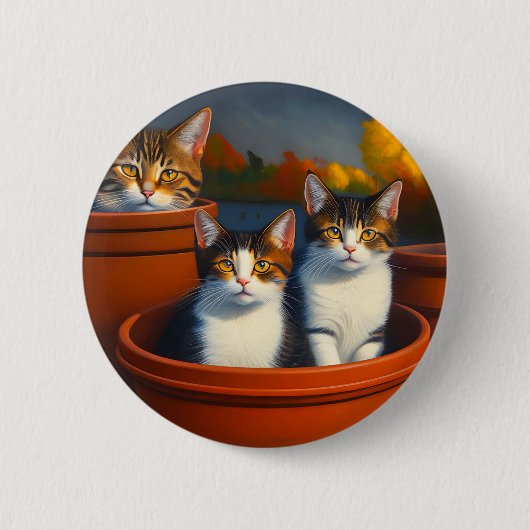 Tabby katten in potten olieverf, ronde button 5,7 cm (Voorkant)