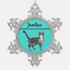 Tabby katten 'One Cool Cat' Aqua Boys Tin Sneeuwvlok Ornament