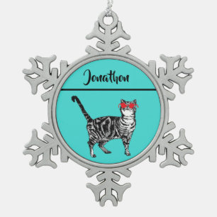 Tabby katten 'One Cool Cat' Aqua Boys Tin Sneeuwvlok Ornament